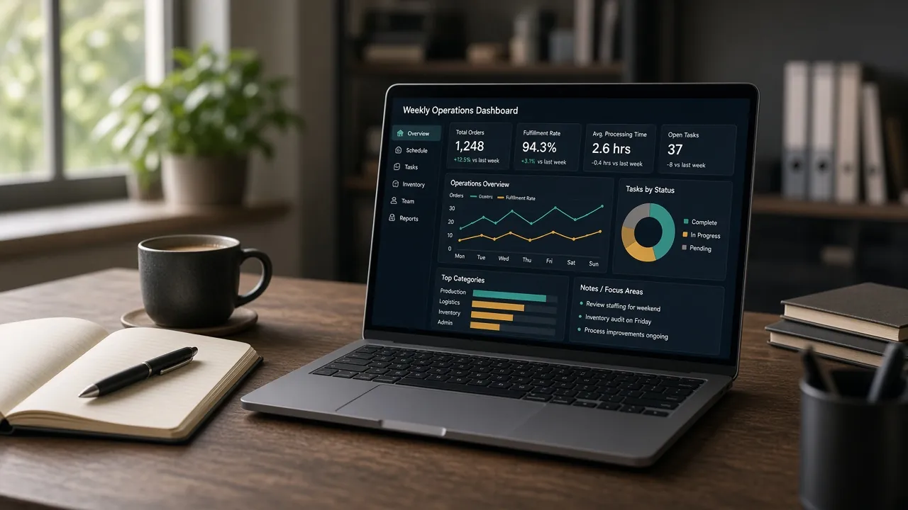 A laptop on a desk showing a weekly operations dashboard. Illustrative, fictional data.