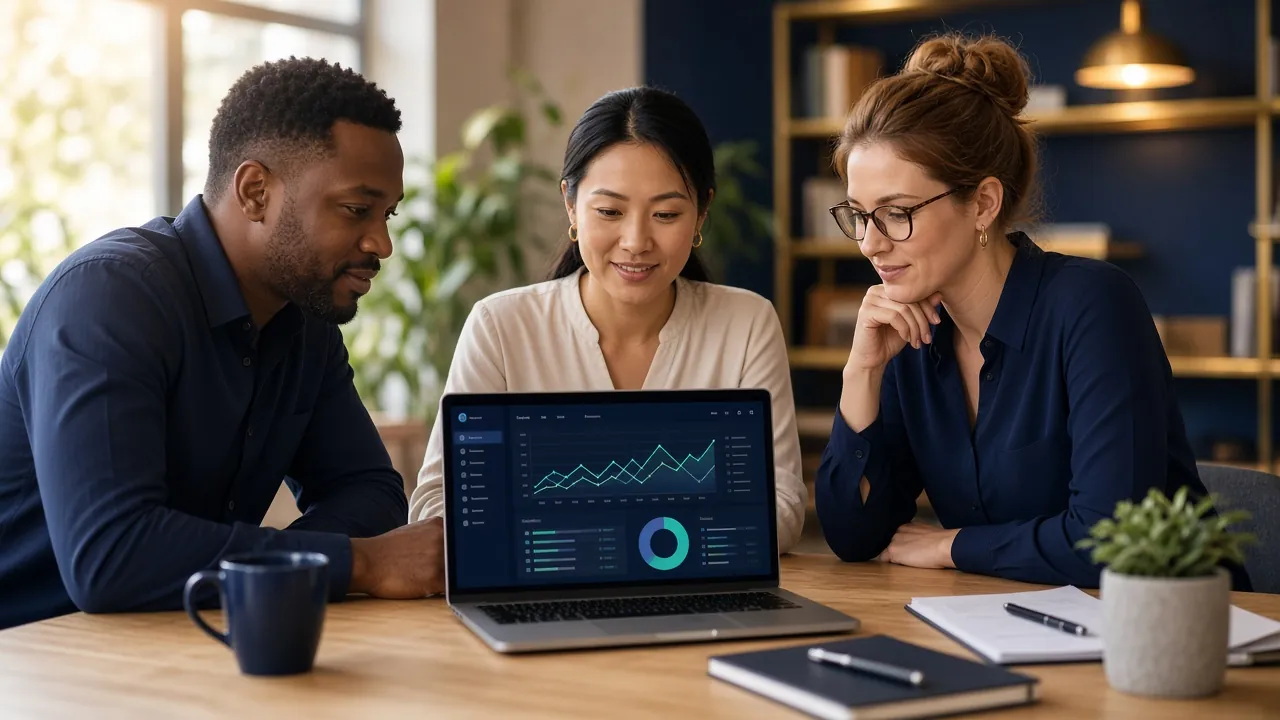 Small business team reviewing an AI dashboard together.